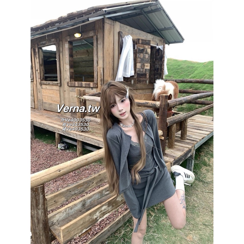 悠閒時光炭灰三件套 外套x吊帶蕾絲背心x裙子-細節圖8