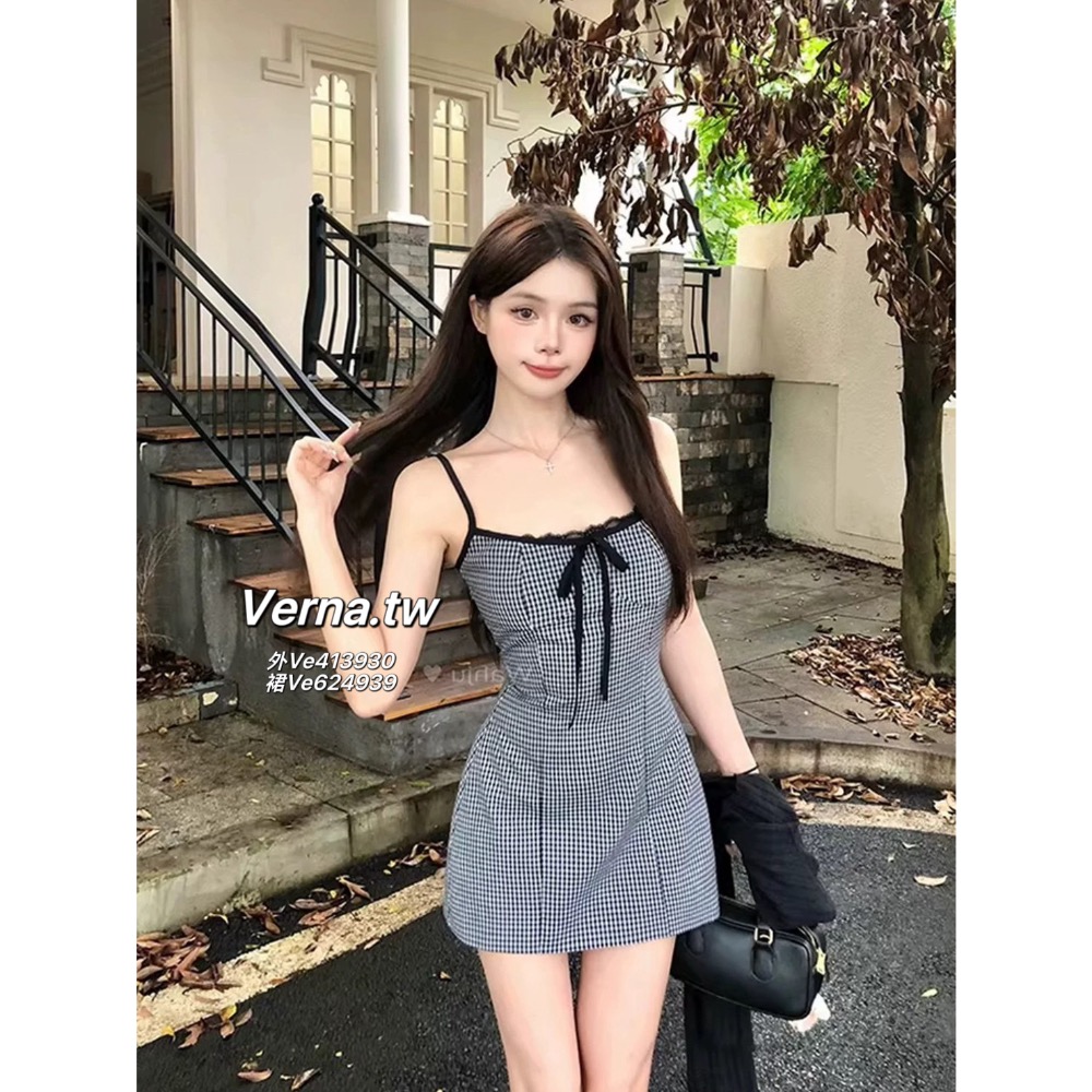 法式甜妹必備套裝 蝴蝶結格子吊帶連身裙x外套-細節圖2