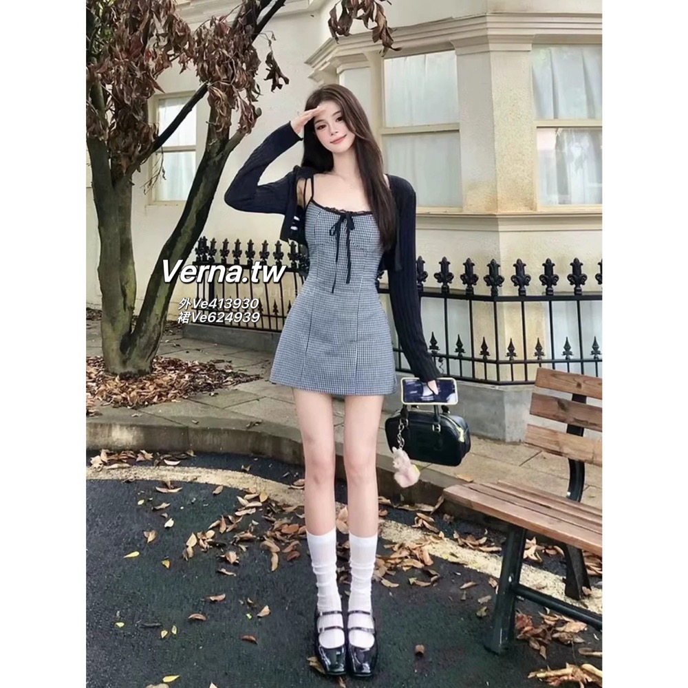 法式甜妹必備套裝 蝴蝶結格子吊帶連身裙x外套-細節圖4