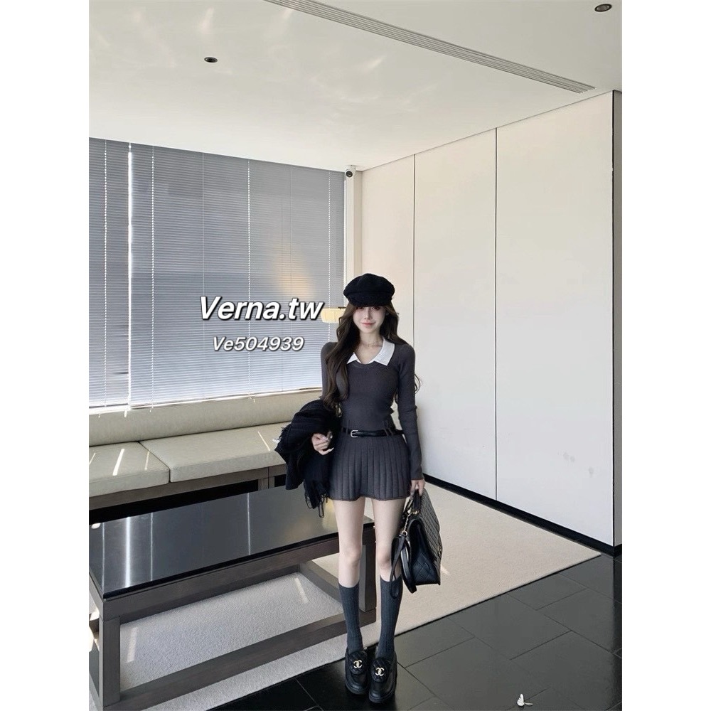 軟糯學院風假兩件皮帶深灰連身裙-細節圖8