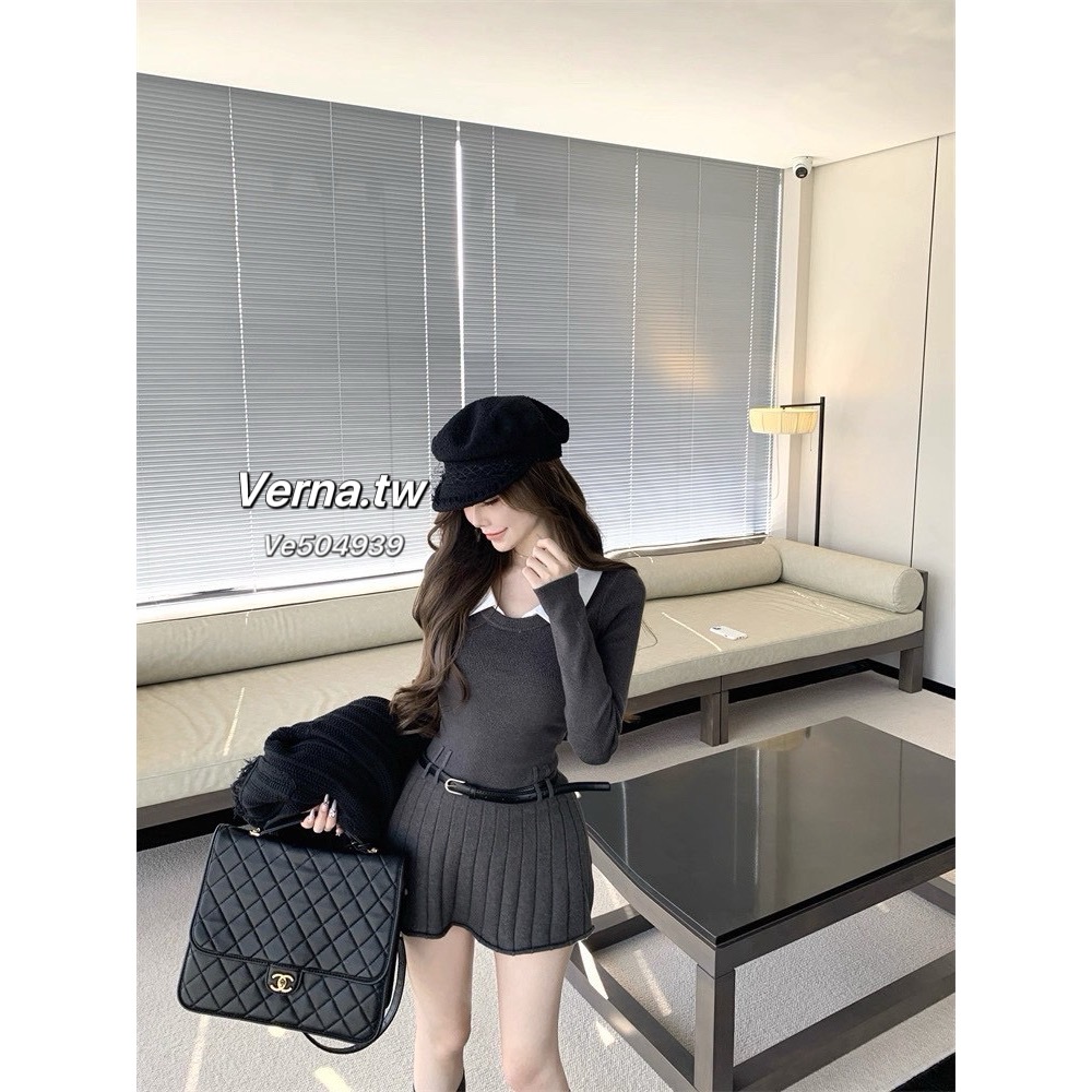 軟糯學院風假兩件皮帶深灰連身裙-細節圖11