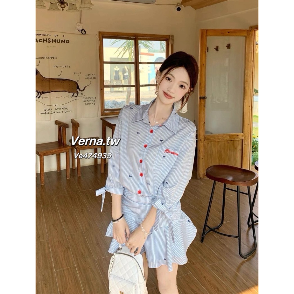 藍調蝴蝶結甜心襯衫裙-細節圖2