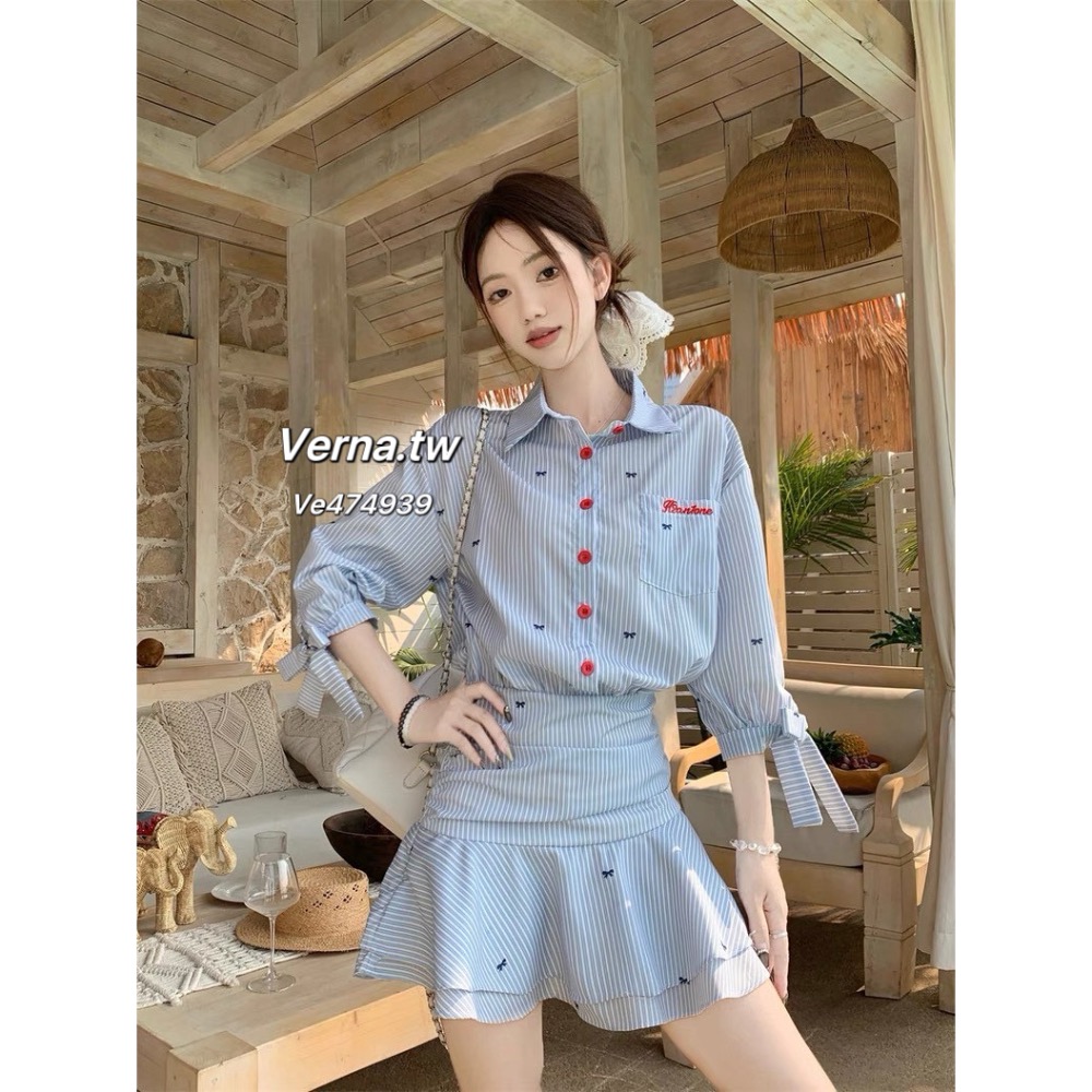 藍調蝴蝶結甜心襯衫裙-細節圖4