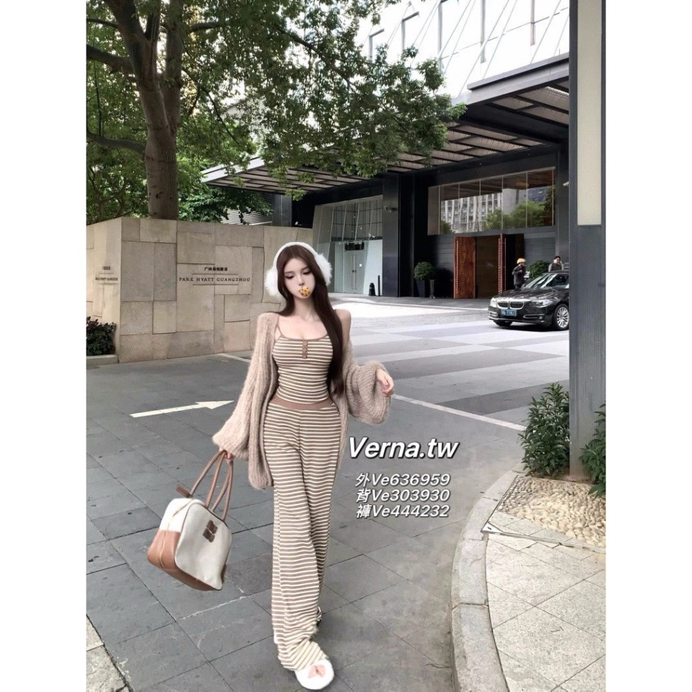 栗子配色三件組套裝 軟糯寬鬆毛感外套x條紋背心x長褲-細節圖8