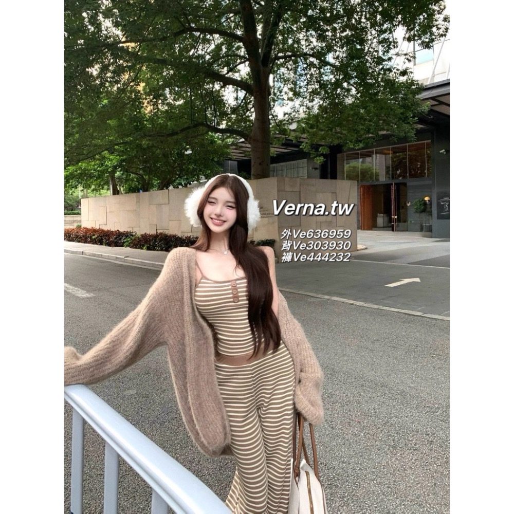 栗子配色三件組套裝 軟糯寬鬆毛感外套x條紋背心x長褲-細節圖10