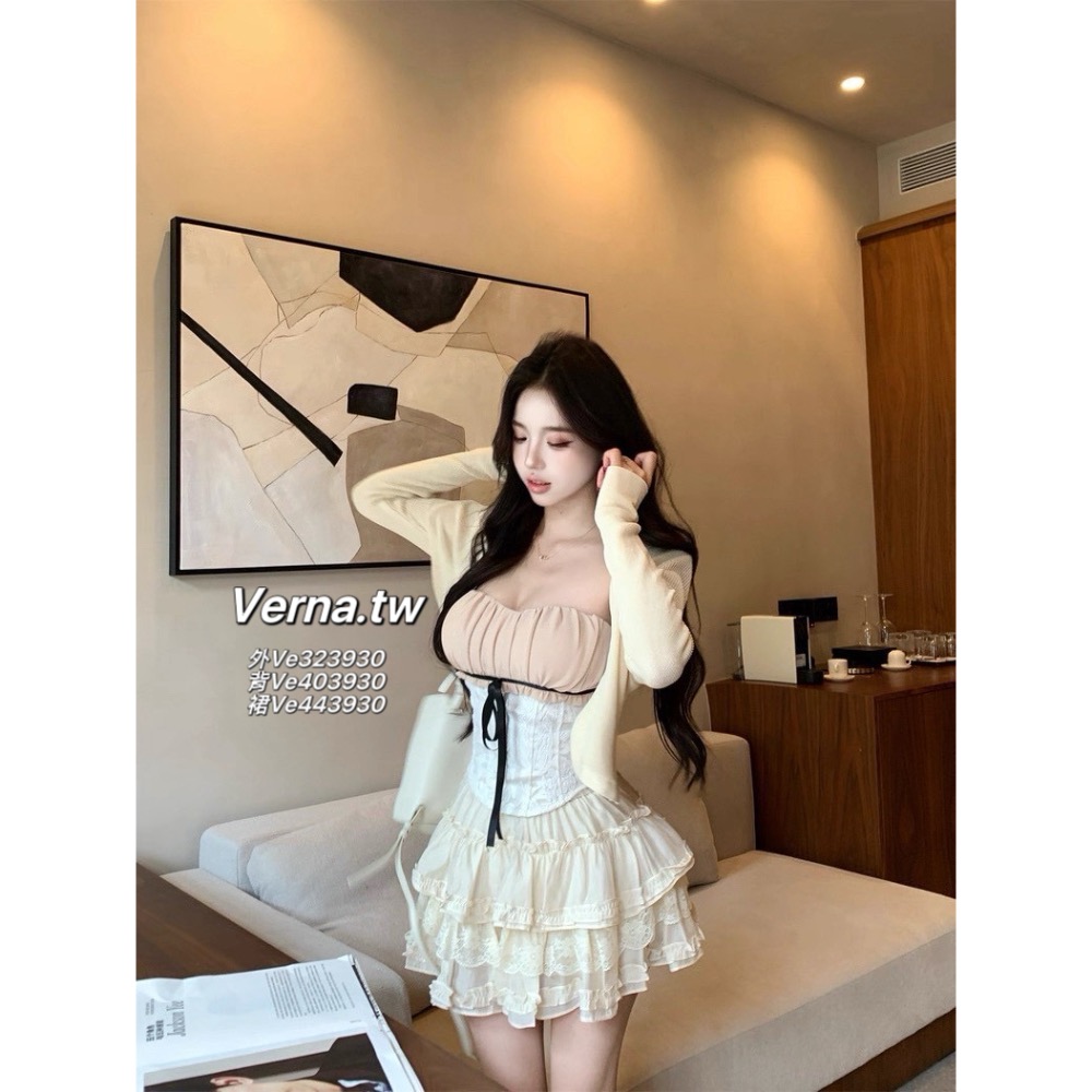 奶油夢境蕾絲套裝 外套x平口背心x短裙-細節圖3