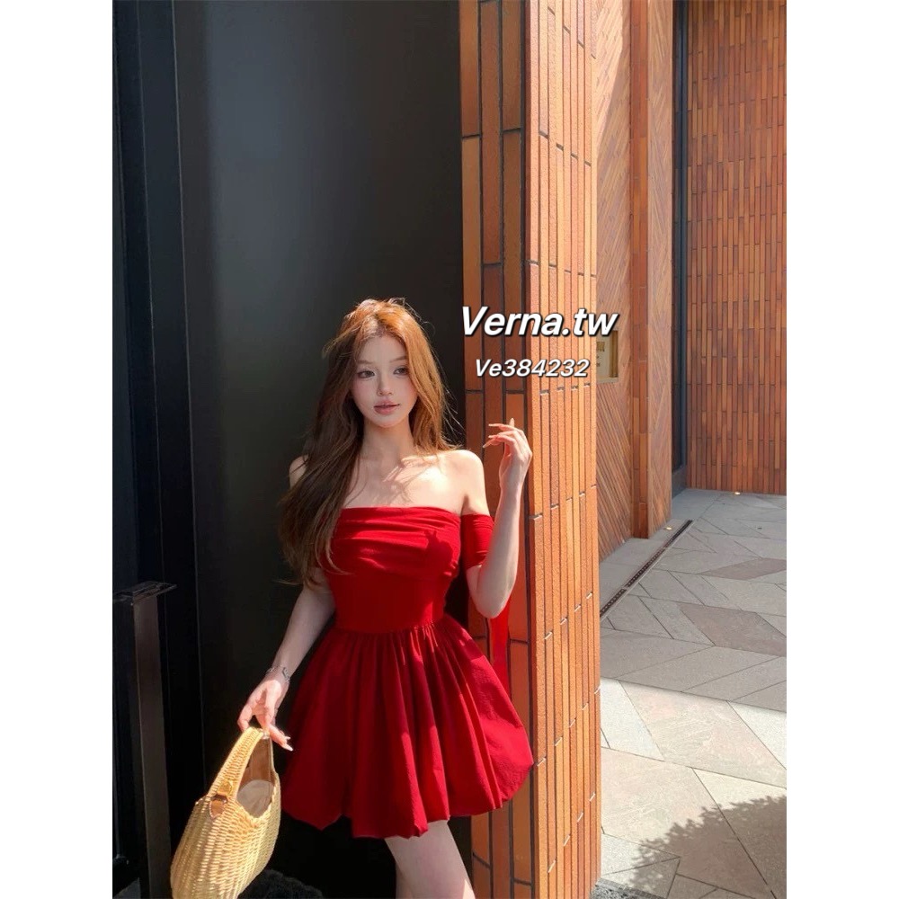 法式心動感❤️露肩一字領紅色連身裙-細節圖2