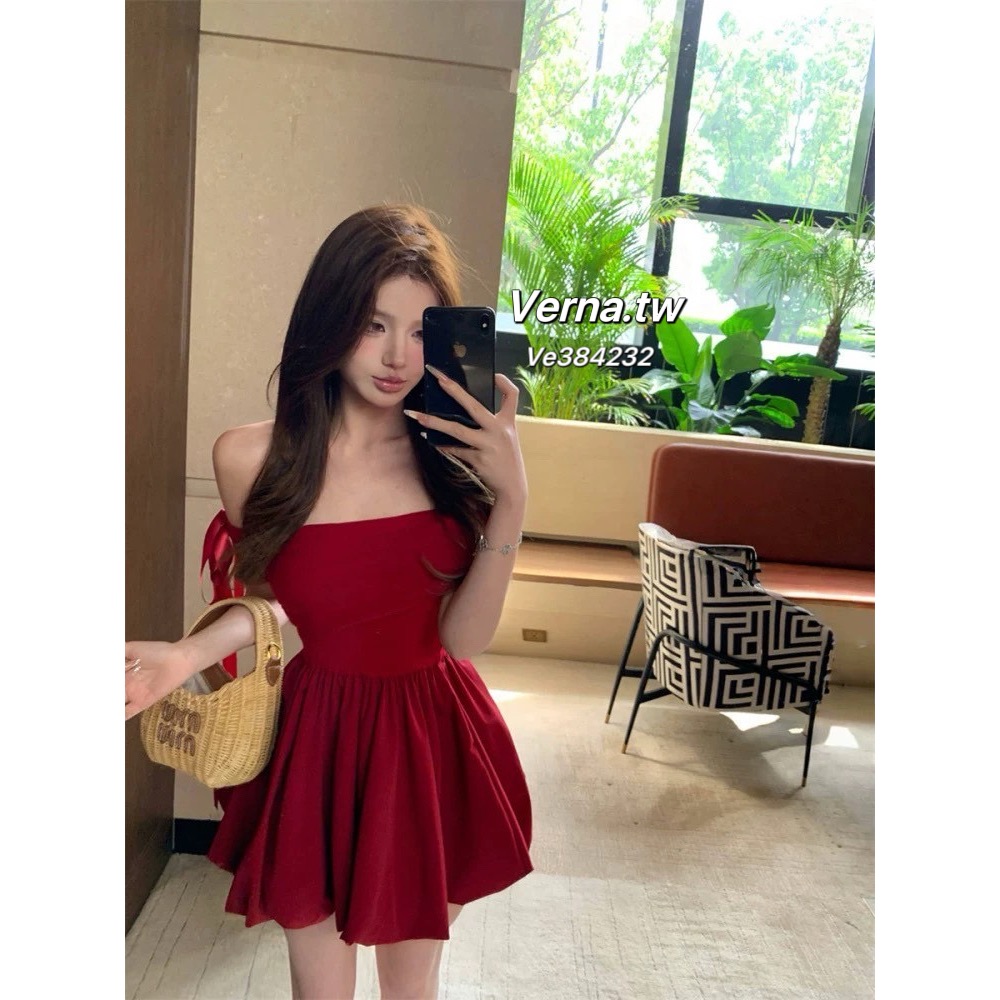 法式心動感❤️露肩一字領紅色連身裙-細節圖3