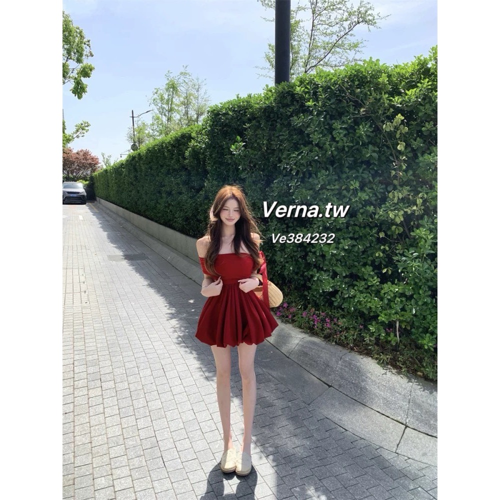 法式心動感❤️露肩一字領紅色連身裙-細節圖4