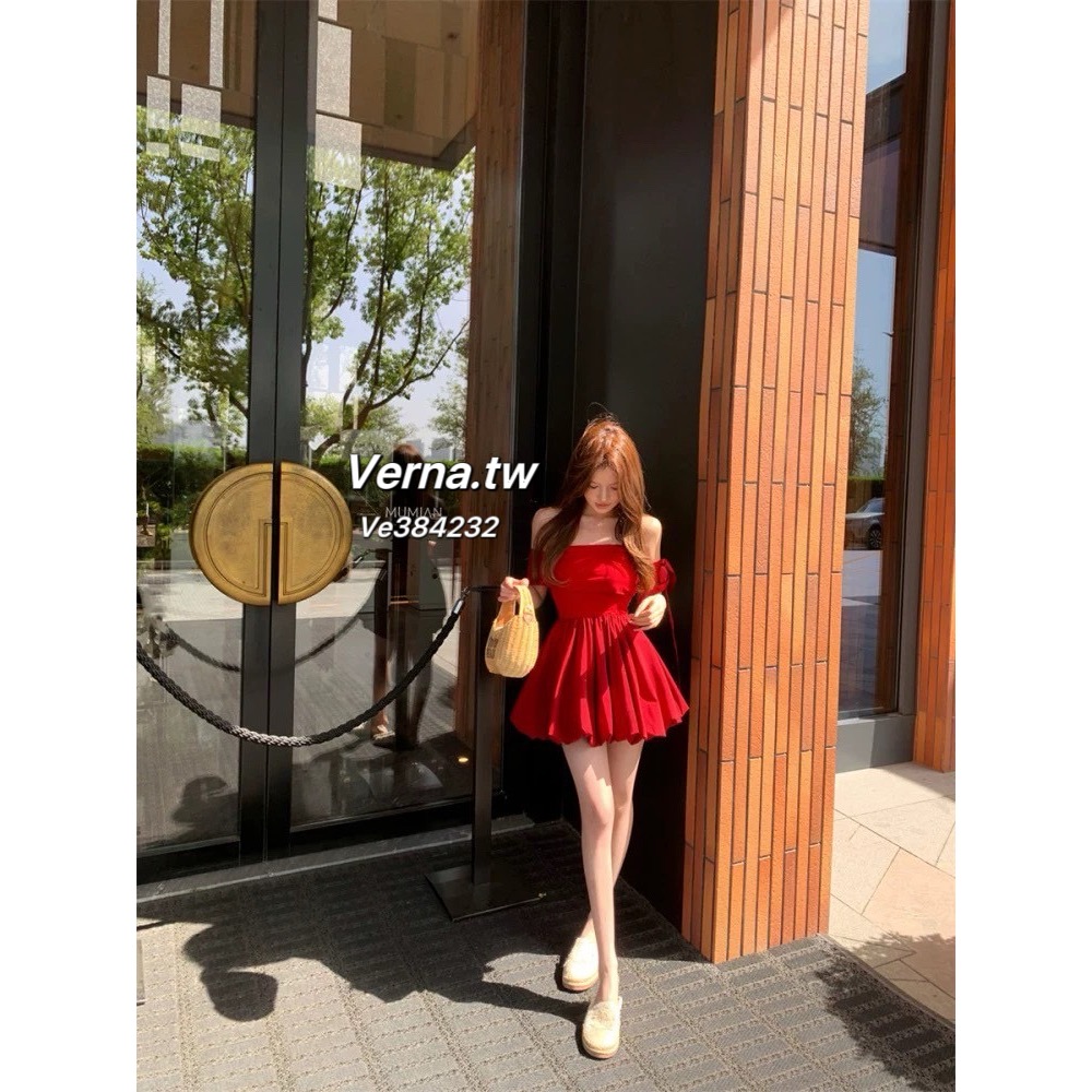 法式心動感❤️露肩一字領紅色連身裙-細節圖5