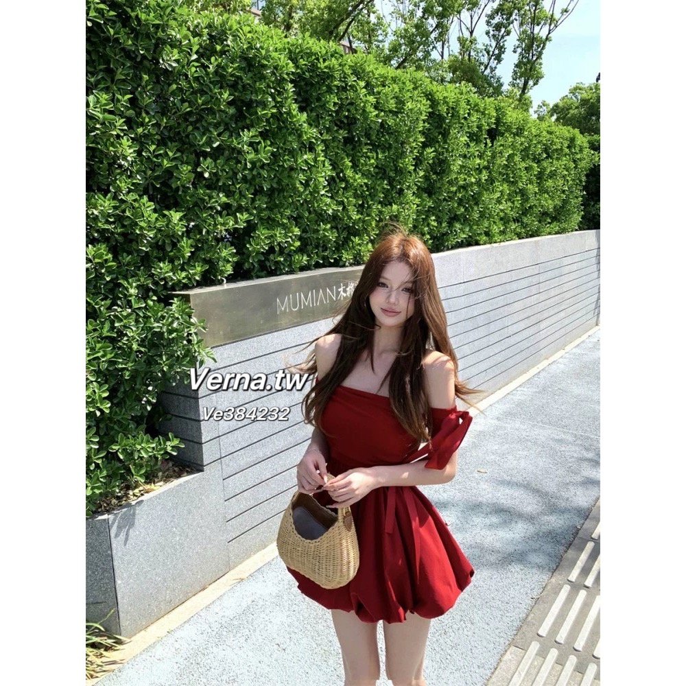 法式心動感❤️露肩一字領紅色連身裙-細節圖6