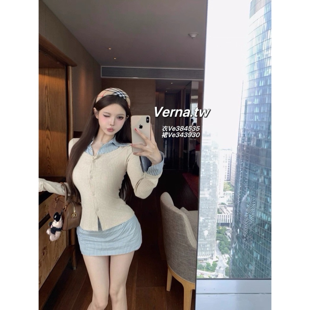 學院甜心拼接套裝🩵 Polo領針織上衣x褲裙套裝-細節圖5