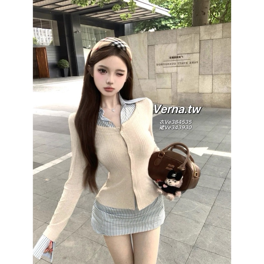 學院甜心拼接套裝🩵 Polo領針織上衣x褲裙套裝-細節圖8