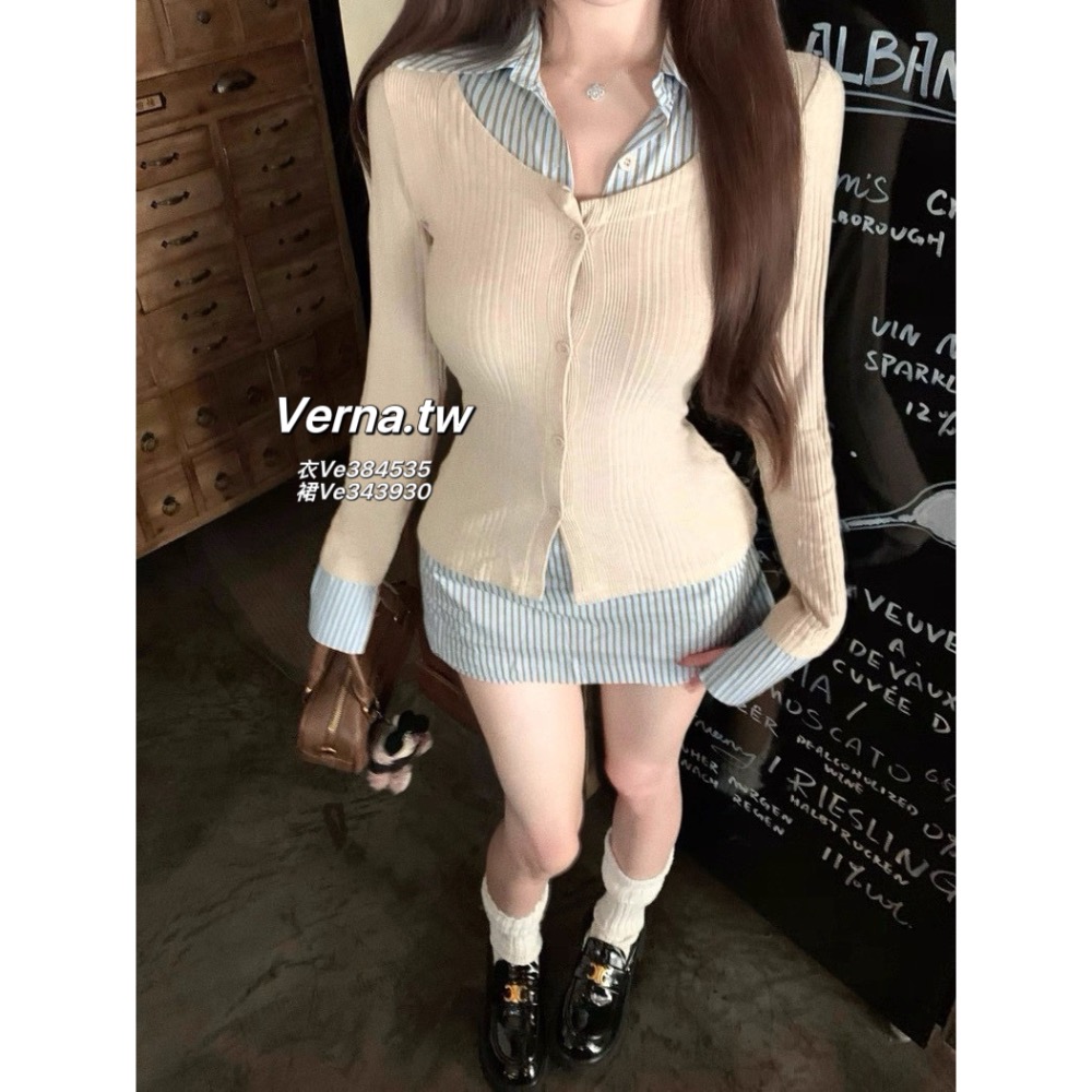 學院甜心拼接套裝🩵 Polo領針織上衣x褲裙套裝-細節圖9