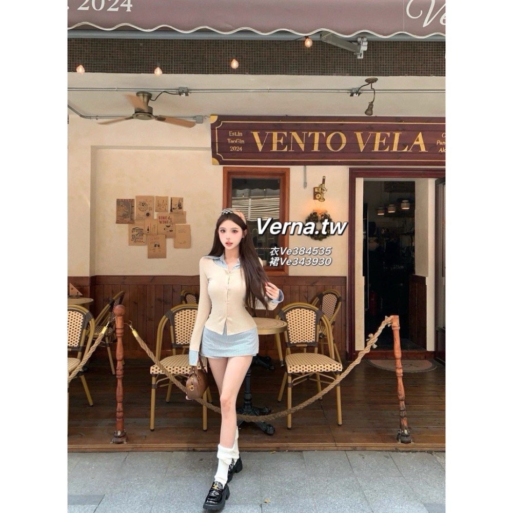 學院甜心拼接套裝🩵 Polo領針織上衣x褲裙套裝-細節圖10