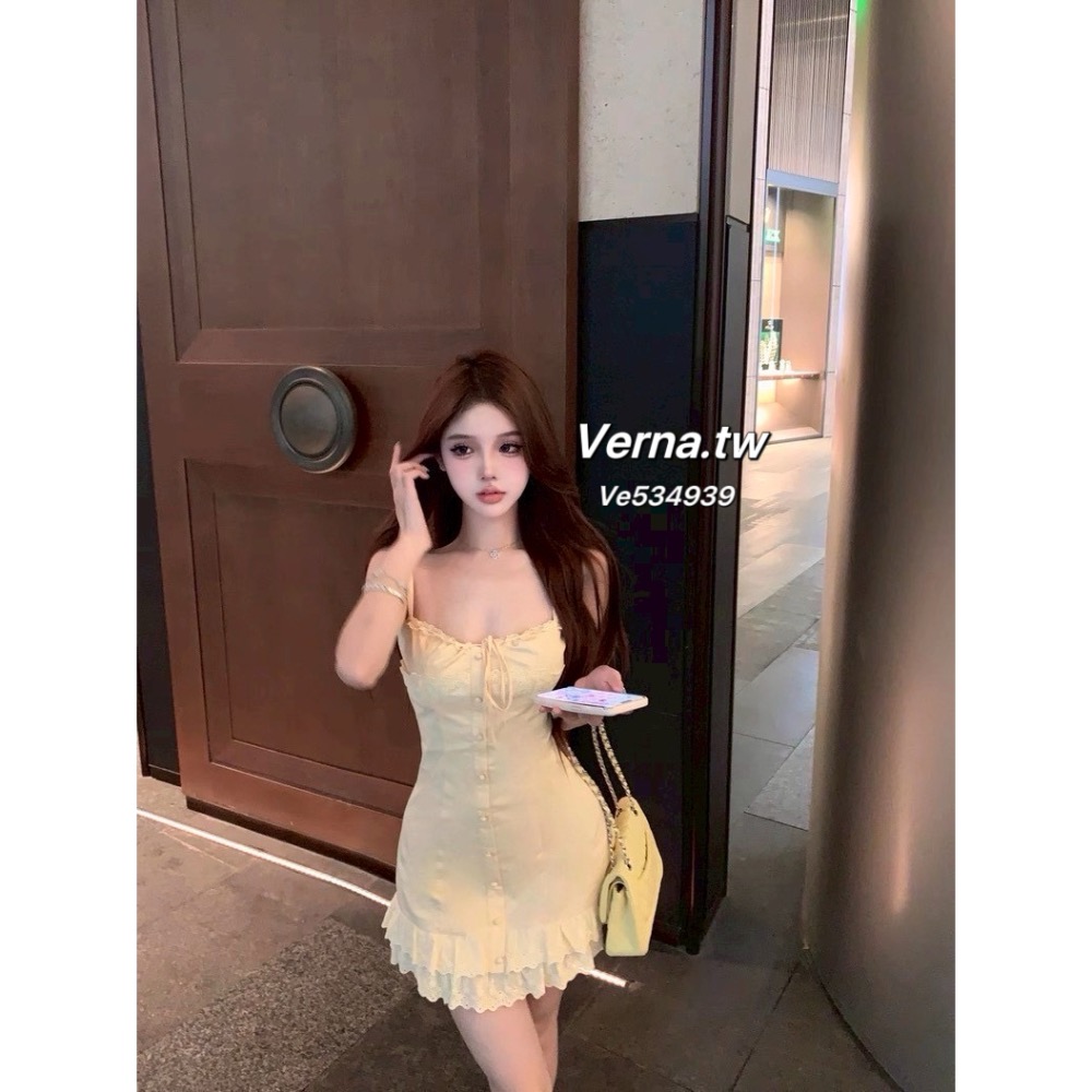 奶黃夢語💛蕾絲雙層花邊連身吊帶裙-細節圖8