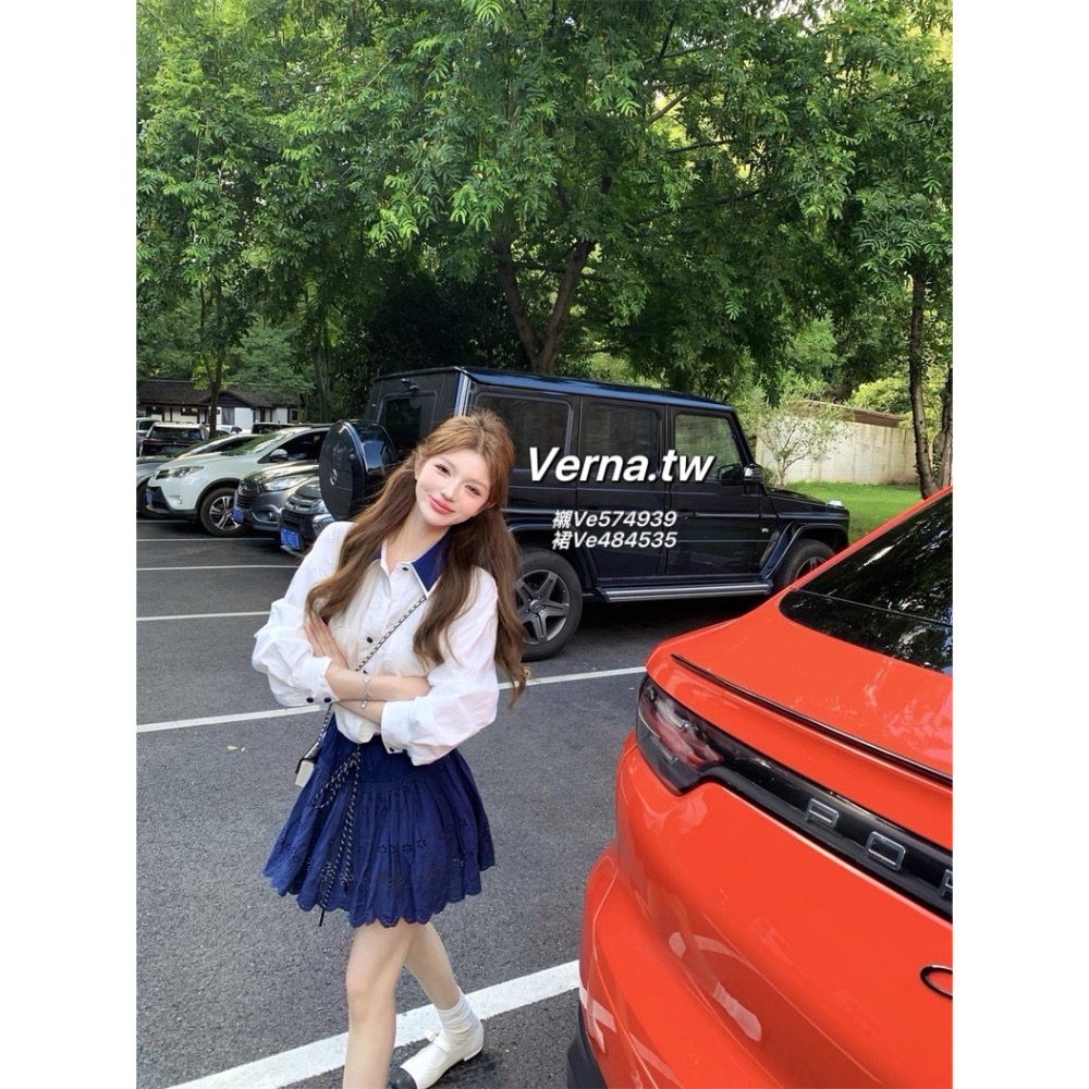 海鹽學院🫧 撞色襯衫x鏤空花蕾絲短裙套裝-細節圖7