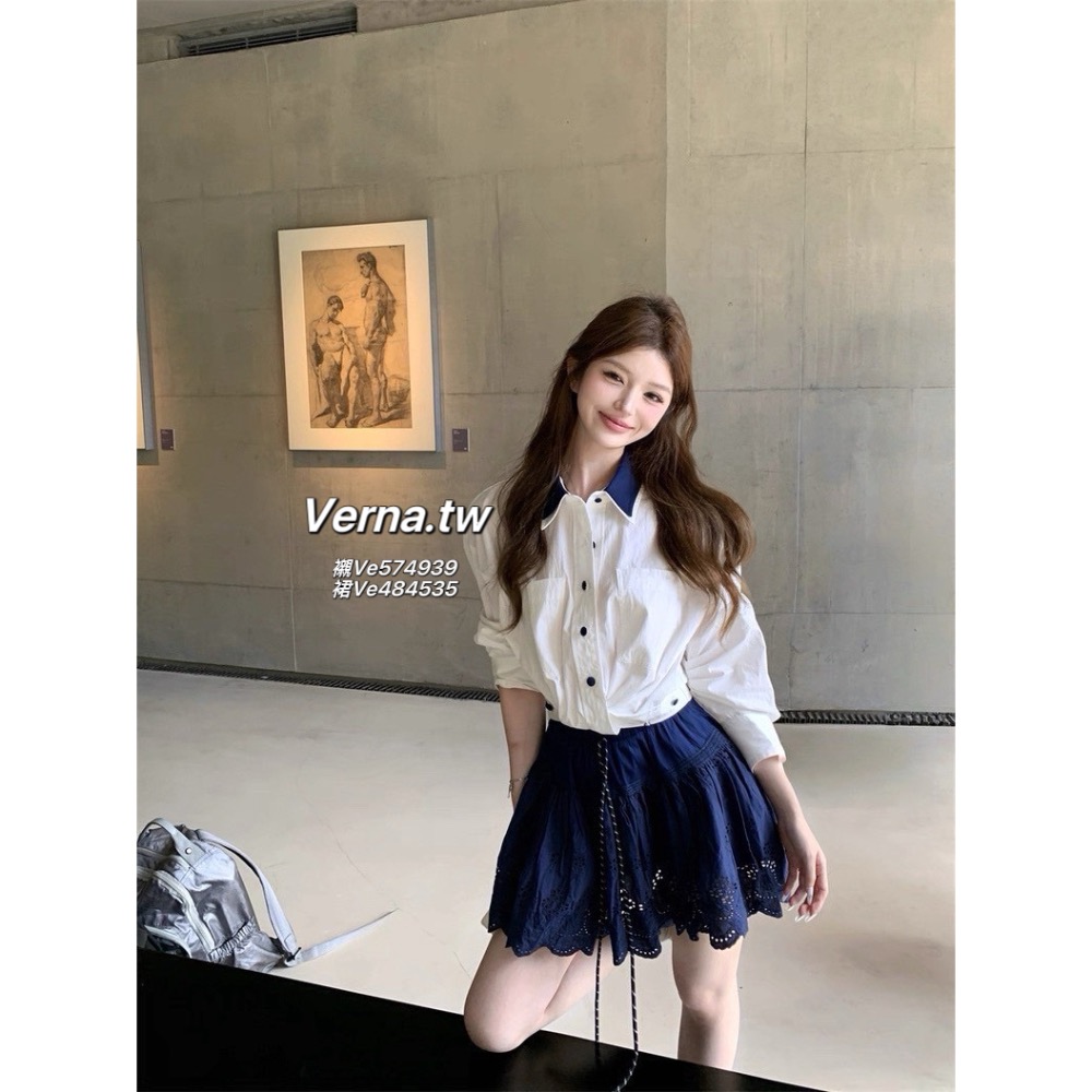 海鹽學院🫧 撞色襯衫x鏤空花蕾絲短裙套裝-細節圖8