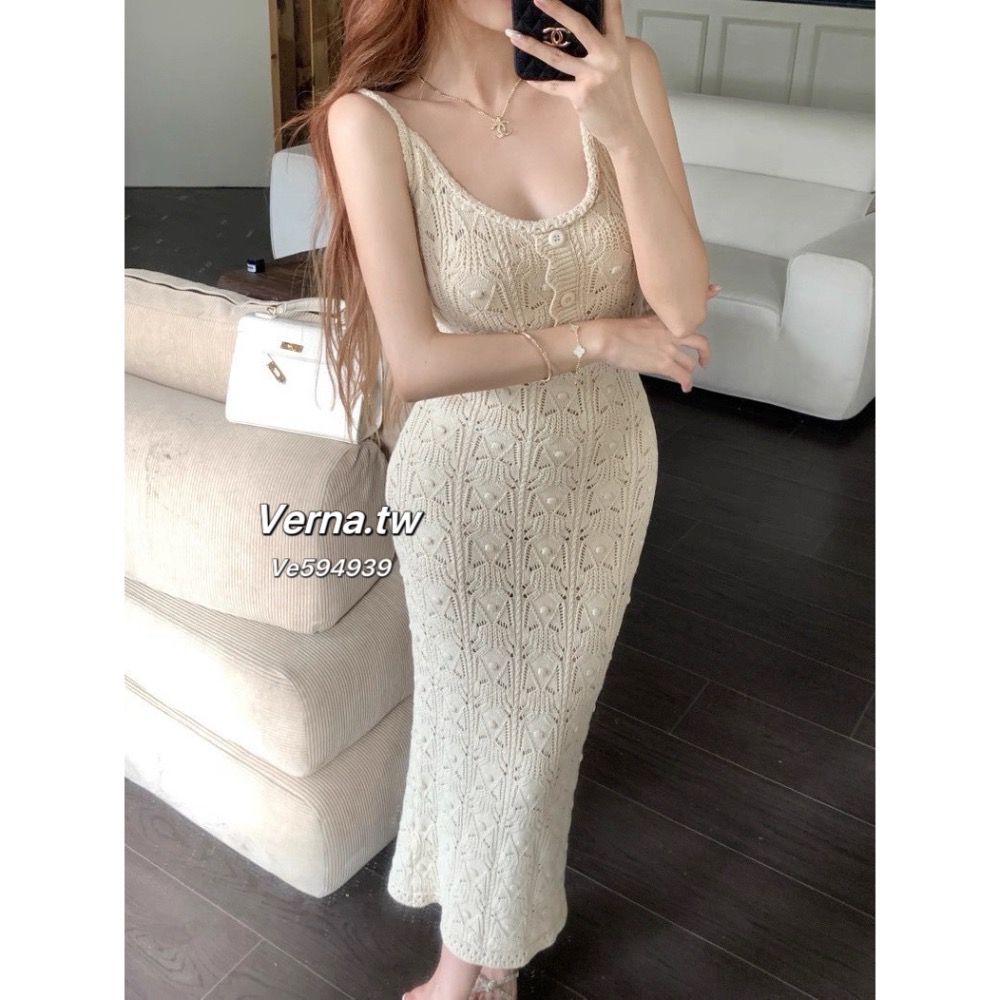 奶杏流光🍮 高級重工感鏤空針織連身長裙-細節圖7