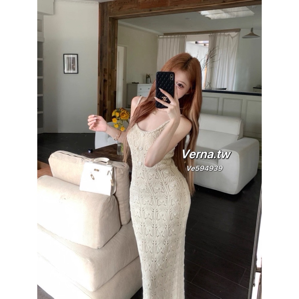 奶杏流光🍮 高級重工感鏤空針織連身長裙-細節圖11