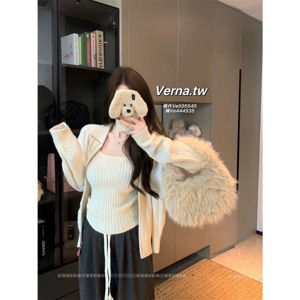 韓系復古🍂拉鍊外套x背心x長褲三件套-細節圖4