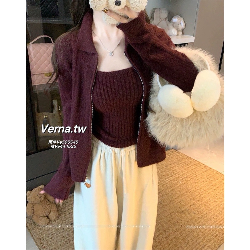 韓系復古🍂拉鍊外套x背心x長褲三件套-細節圖6