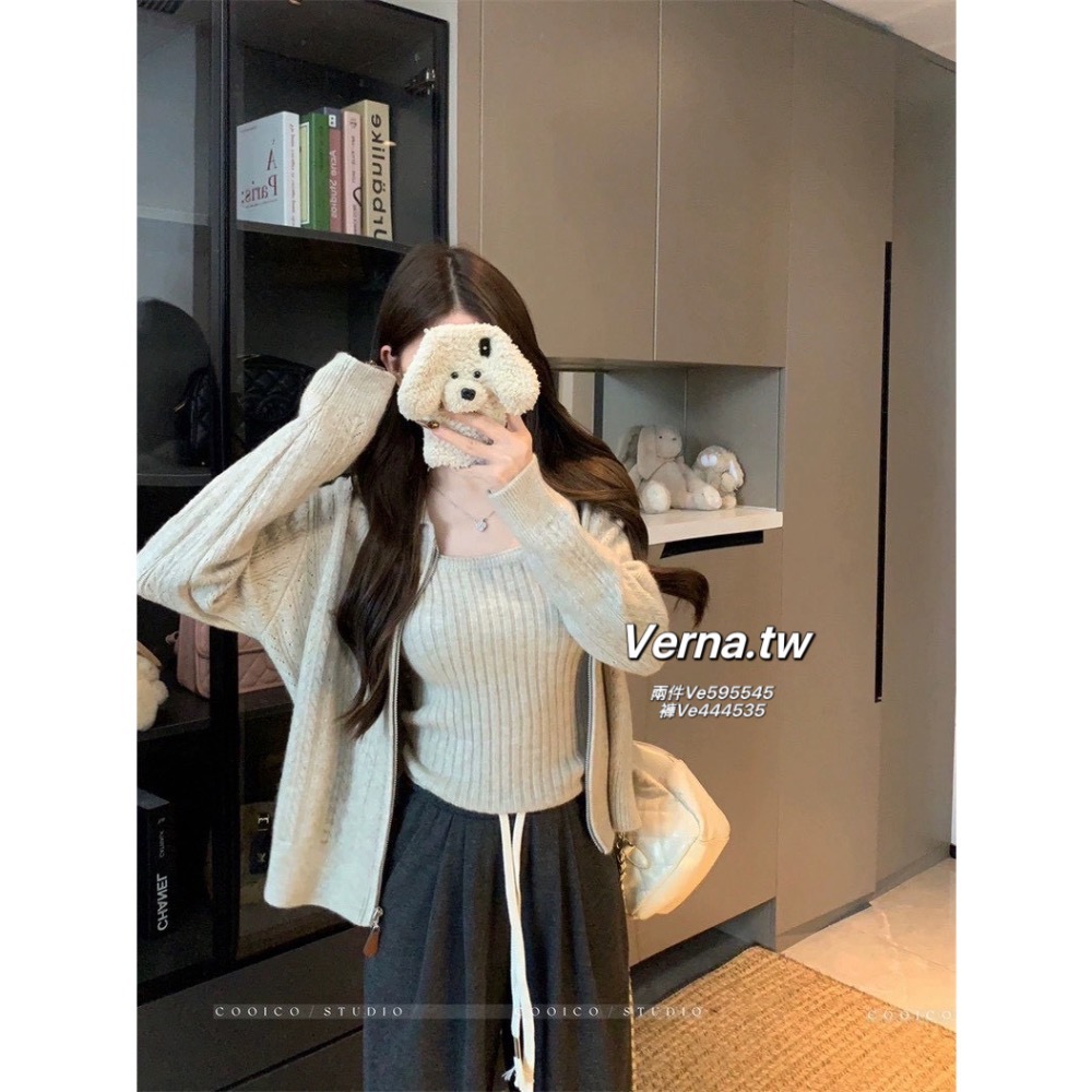 韓系復古🍂拉鍊外套x背心x長褲三件套-細節圖8