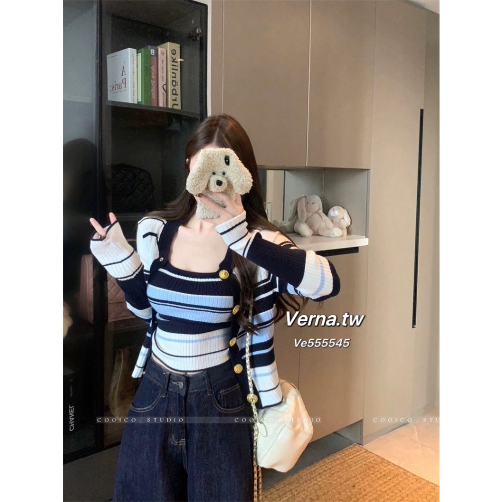 藍調悠然💙 撞色條紋外套x背心兩件套裝-細節圖2