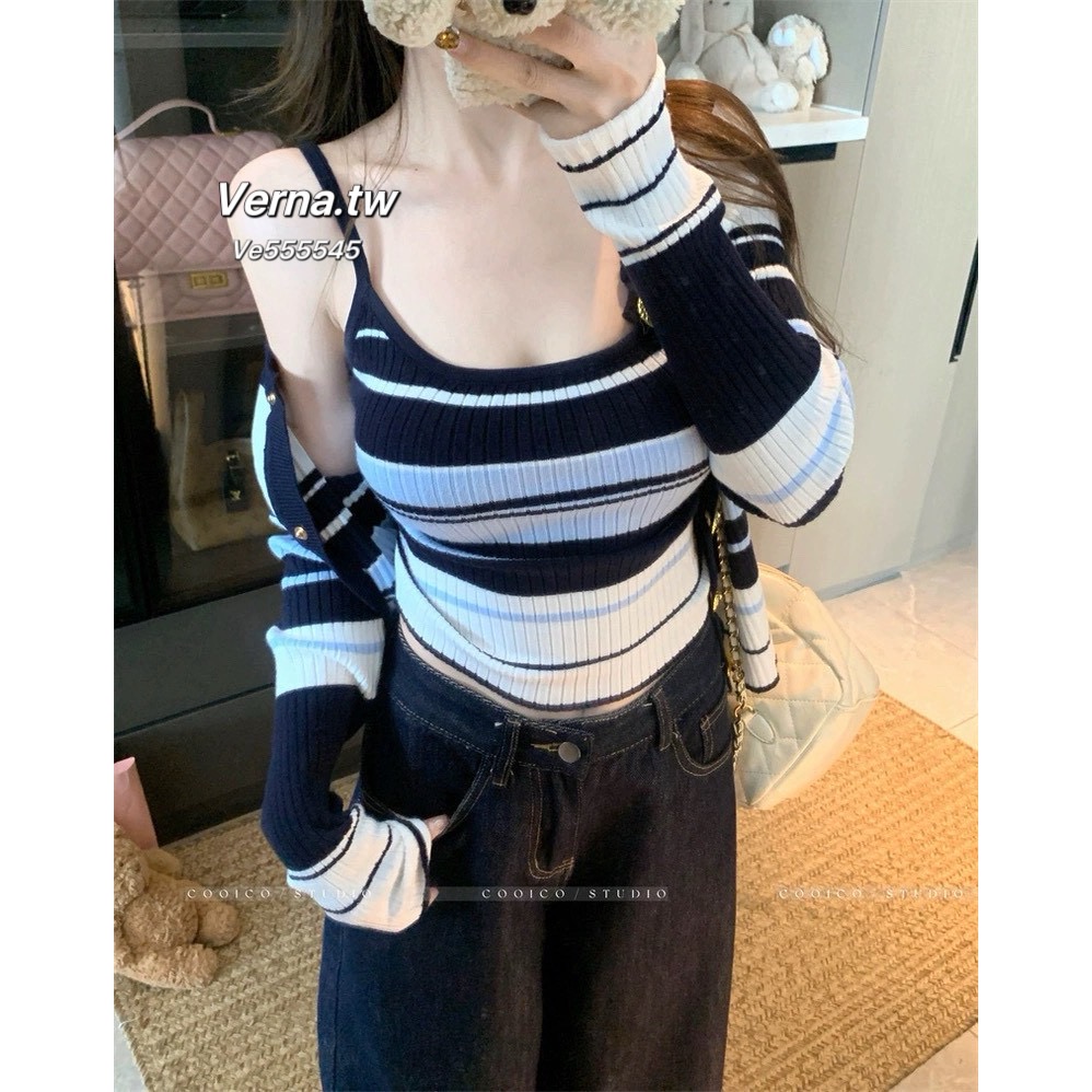 藍調悠然💙 撞色條紋外套x背心兩件套裝-細節圖4