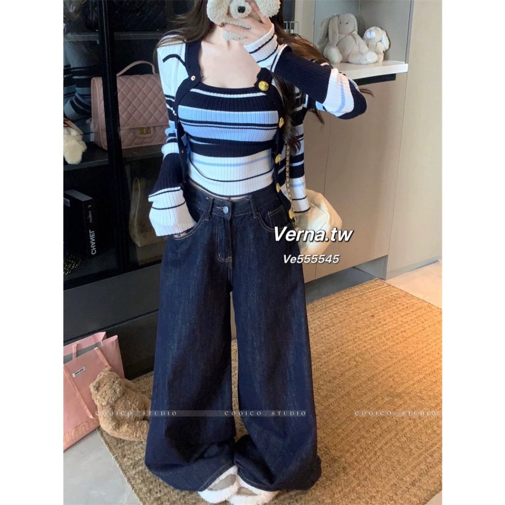 藍調悠然💙 撞色條紋外套x背心兩件套裝-細節圖5