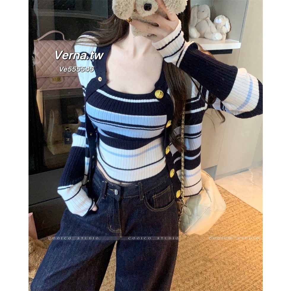 藍調悠然💙 撞色條紋外套x背心兩件套裝-細節圖6