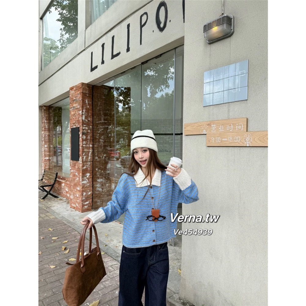 奶藍條紋🫐慵懶翻領針織上衣-細節圖2