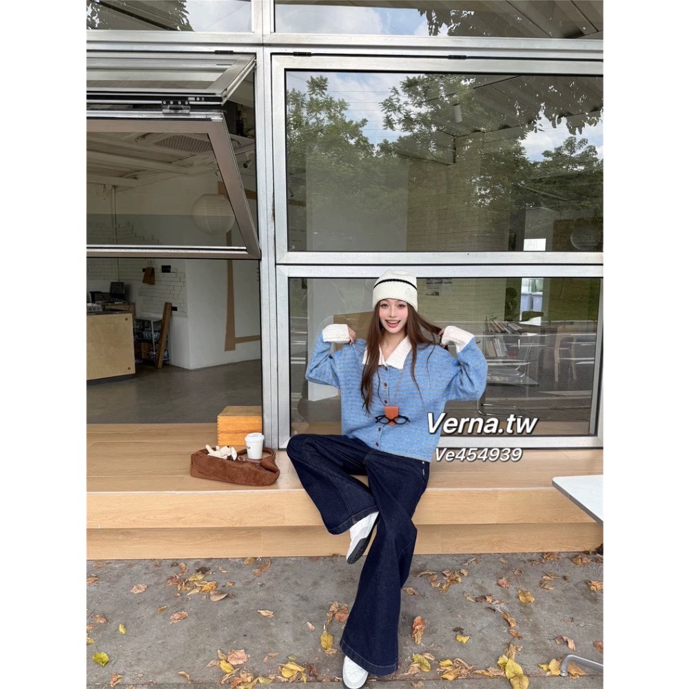 奶藍條紋🫐慵懶翻領針織上衣-細節圖3