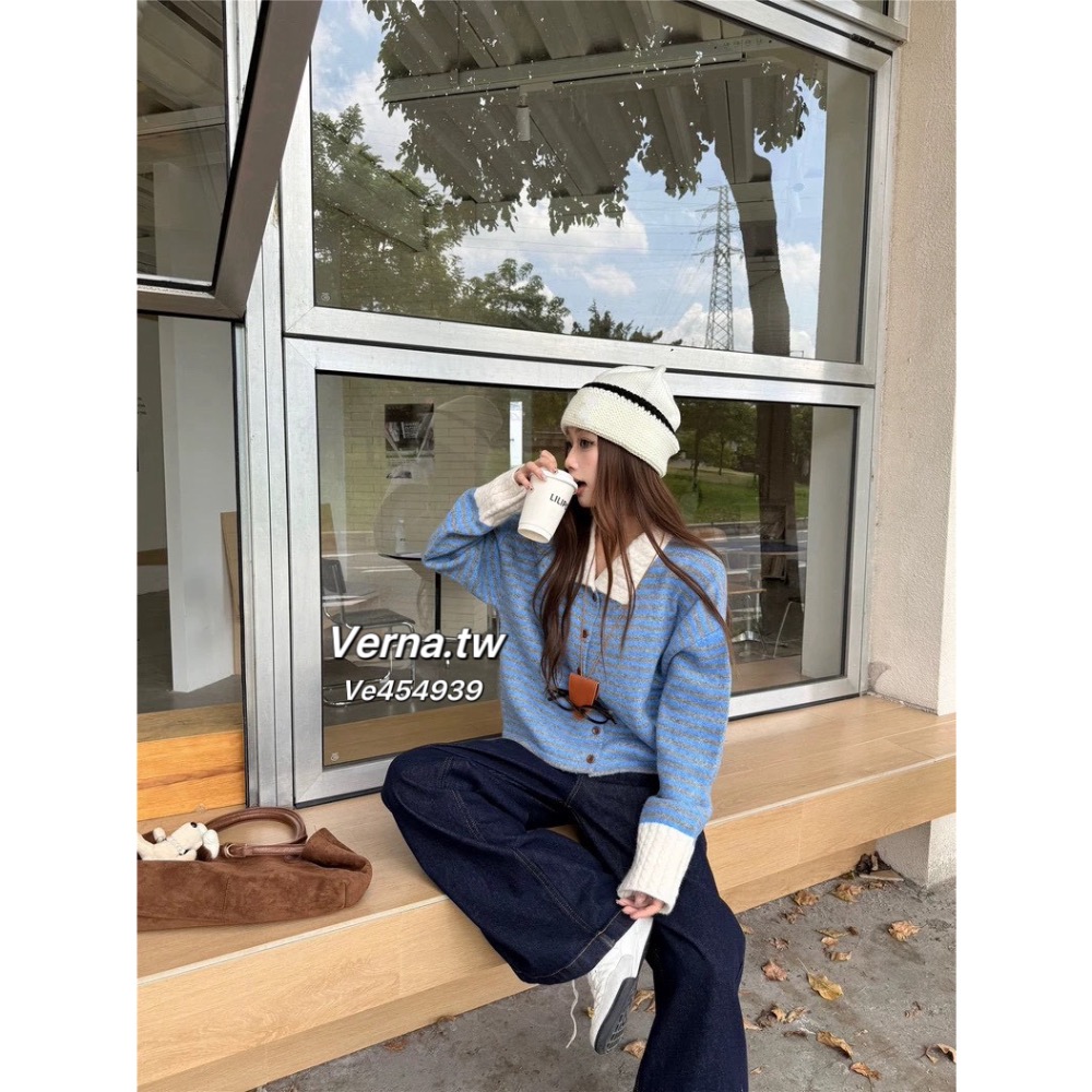 奶藍條紋🫐慵懶翻領針織上衣-細節圖4