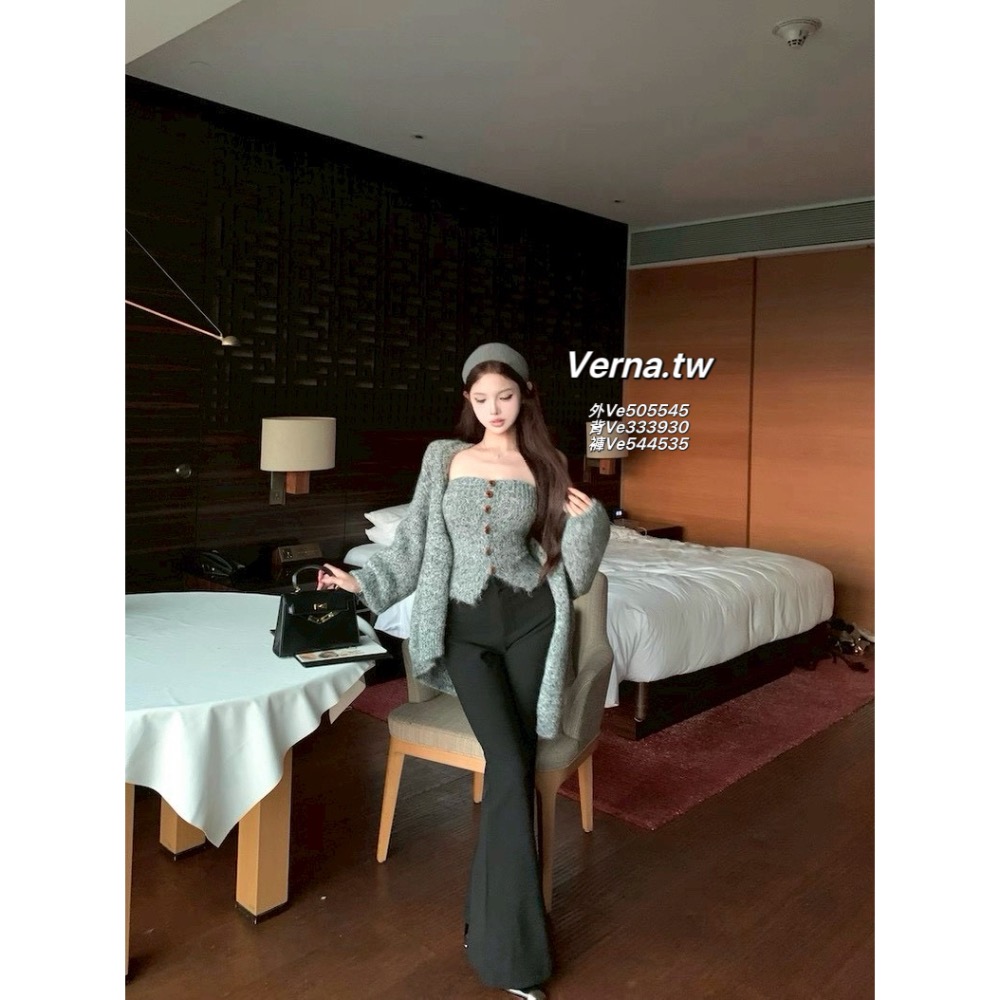 霧灰心計🩶 針織外套x平口背心x腰帶闊腿褲三件套-細節圖2