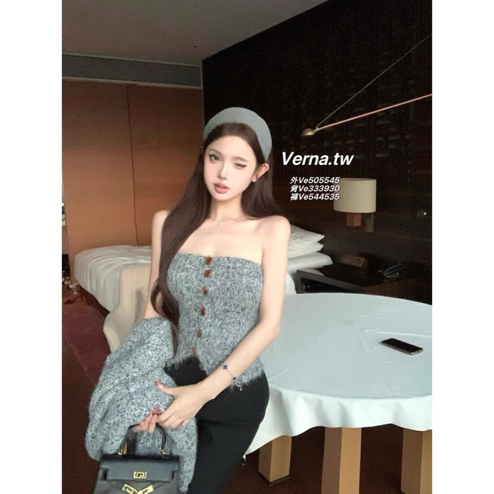 霧灰心計🩶 針織外套x平口背心x腰帶闊腿褲三件套-細節圖3