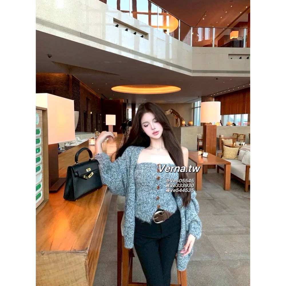 霧灰心計🩶 針織外套x平口背心x腰帶闊腿褲三件套-細節圖4