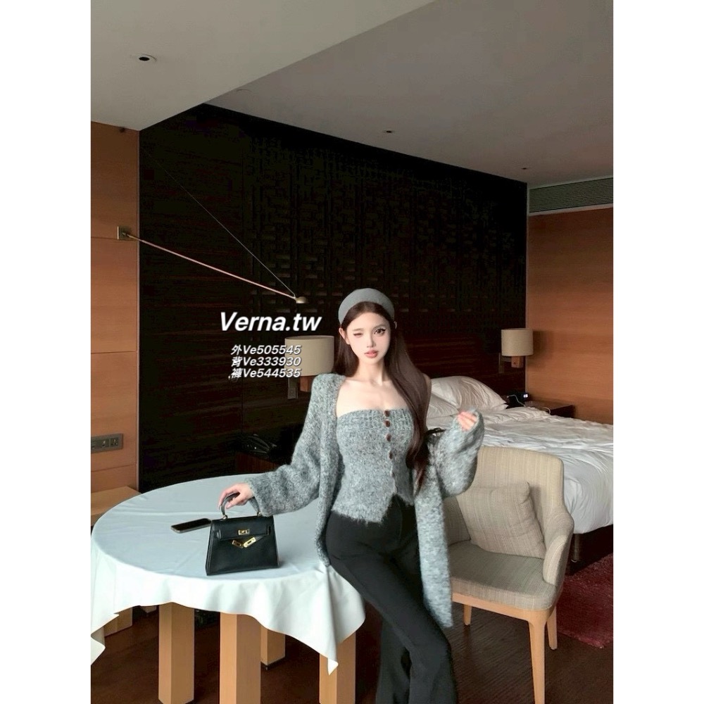 霧灰心計🩶 針織外套x平口背心x腰帶闊腿褲三件套-細節圖6