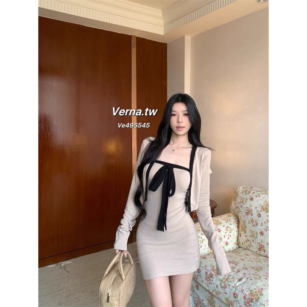 法式奶拿鐵🐻 開衫小外套x平口連身裙兩件式套裝-細節圖2