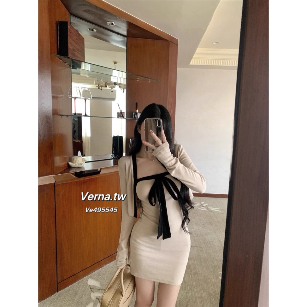 法式奶拿鐵🐻 開衫小外套x平口連身裙兩件式套裝-細節圖5