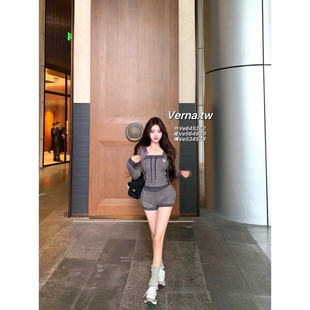 灰調針織學院💭 開衫外套x平口背心x短褲三件套裝-細節圖2