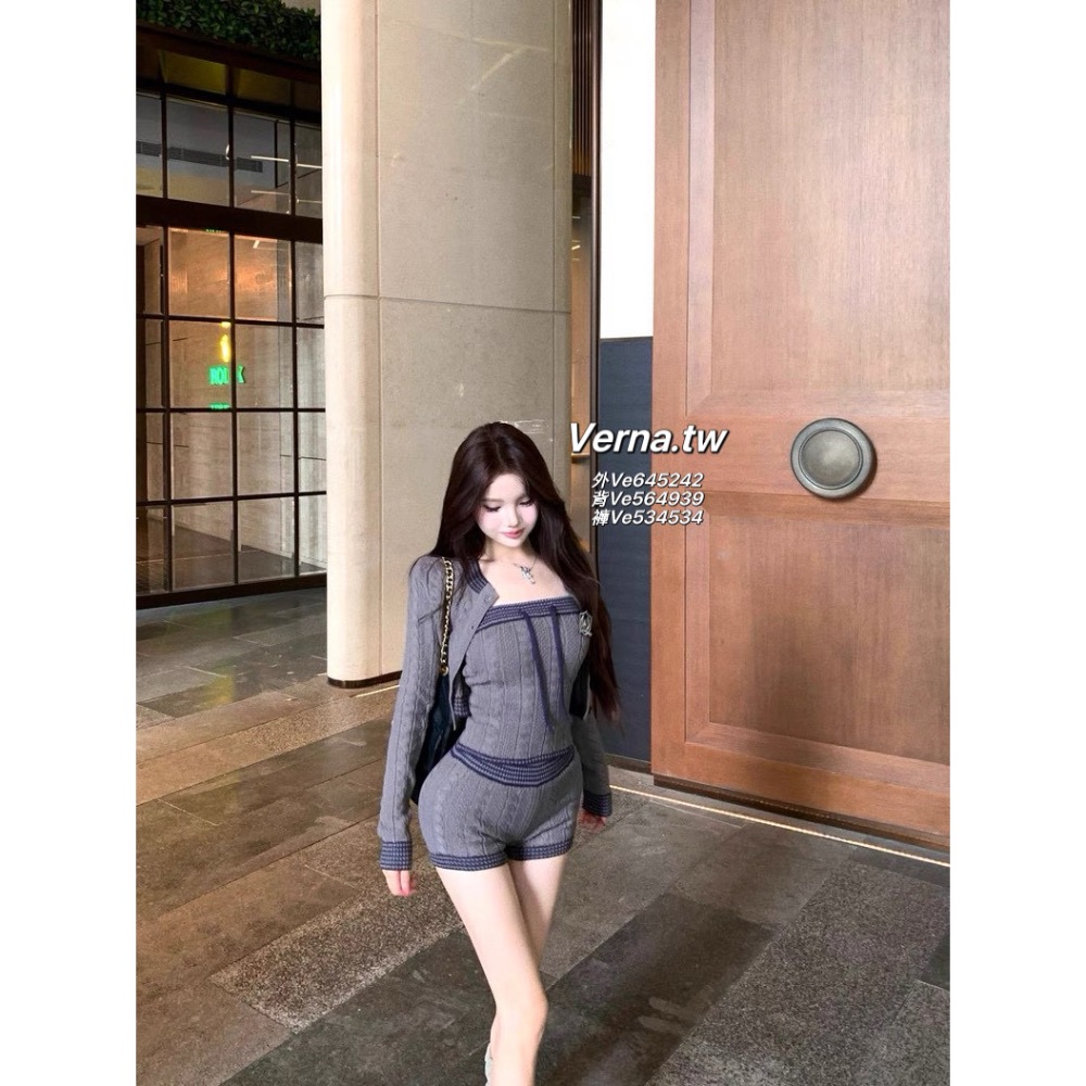 灰調針織學院💭 開衫外套x平口背心x短褲三件套裝-細節圖3