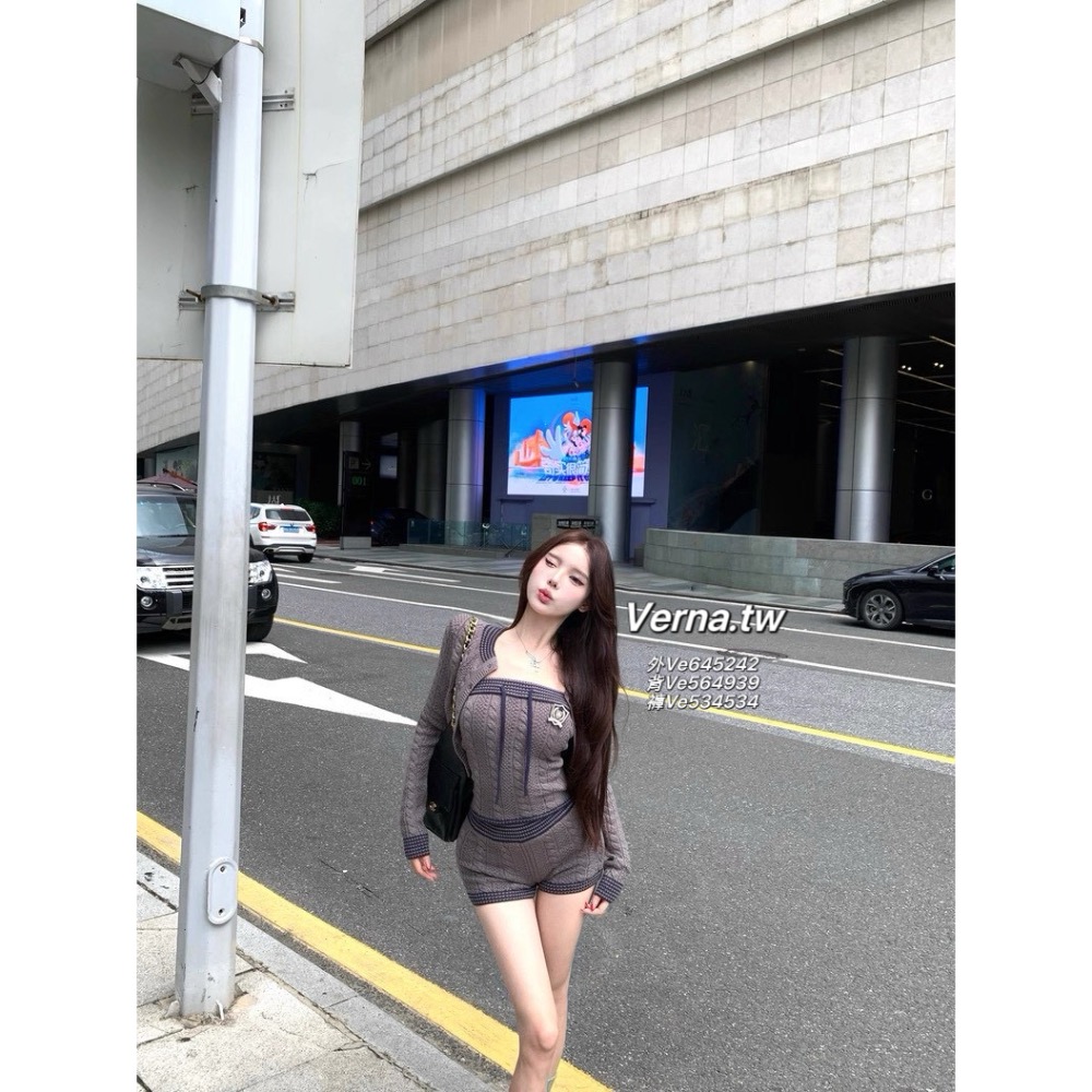 灰調針織學院💭 開衫外套x平口背心x短褲三件套裝-細節圖7