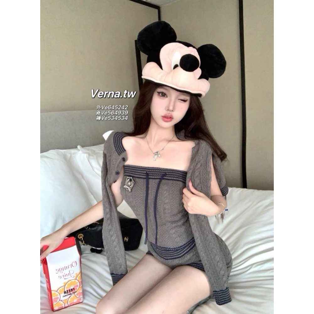 灰調針織學院💭 開衫外套x平口背心x短褲三件套裝-細節圖8