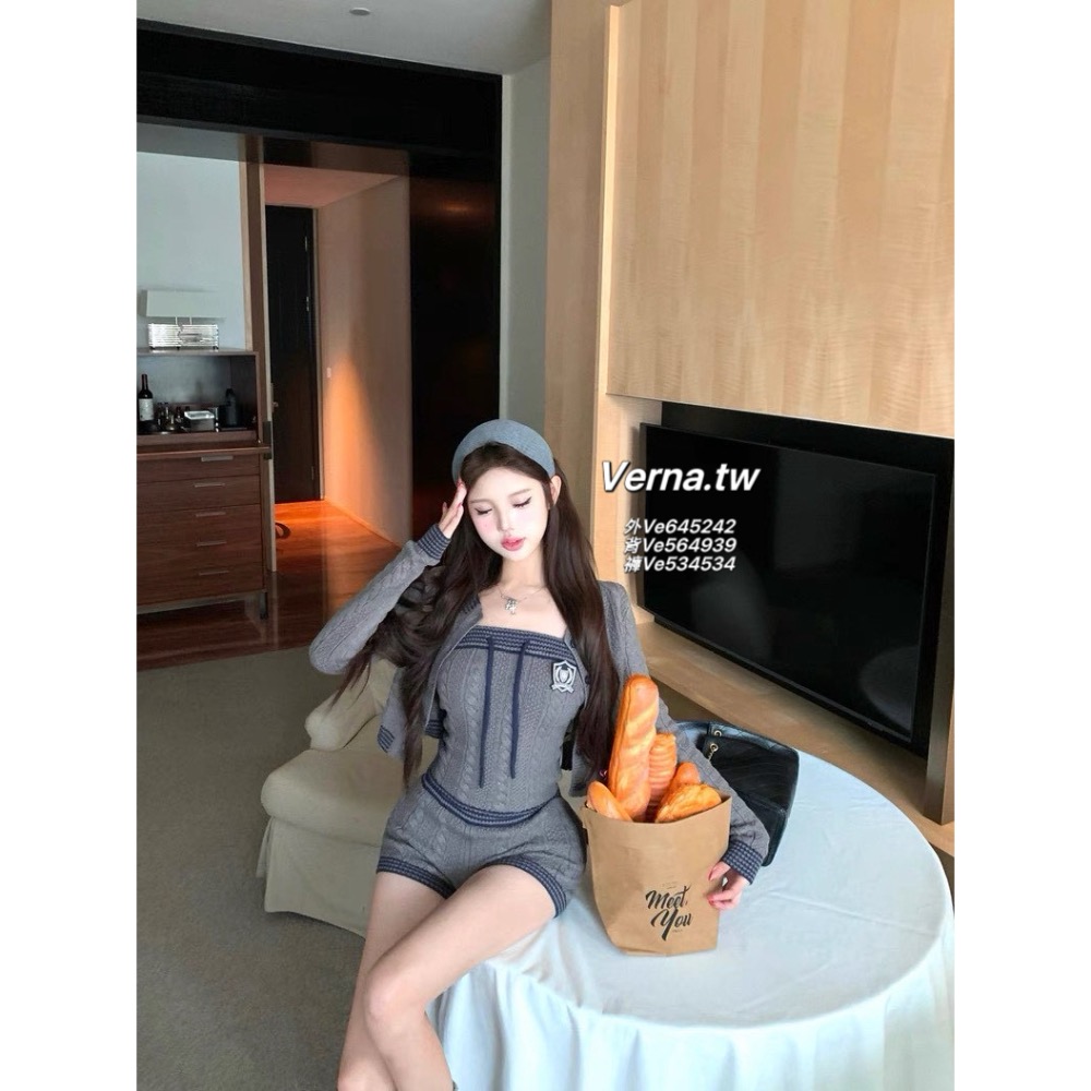 灰調針織學院💭 開衫外套x平口背心x短褲三件套裝-細節圖9