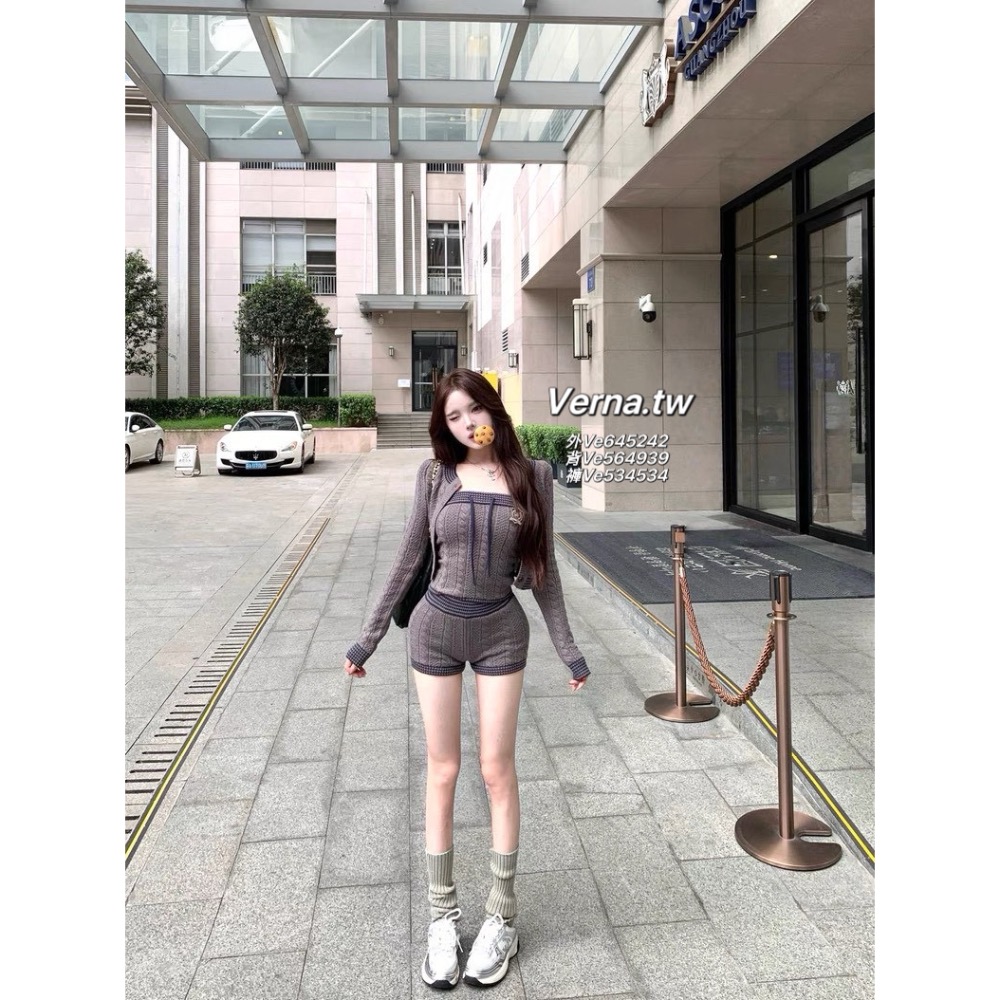 灰調針織學院💭 開衫外套x平口背心x短褲三件套裝-細節圖10