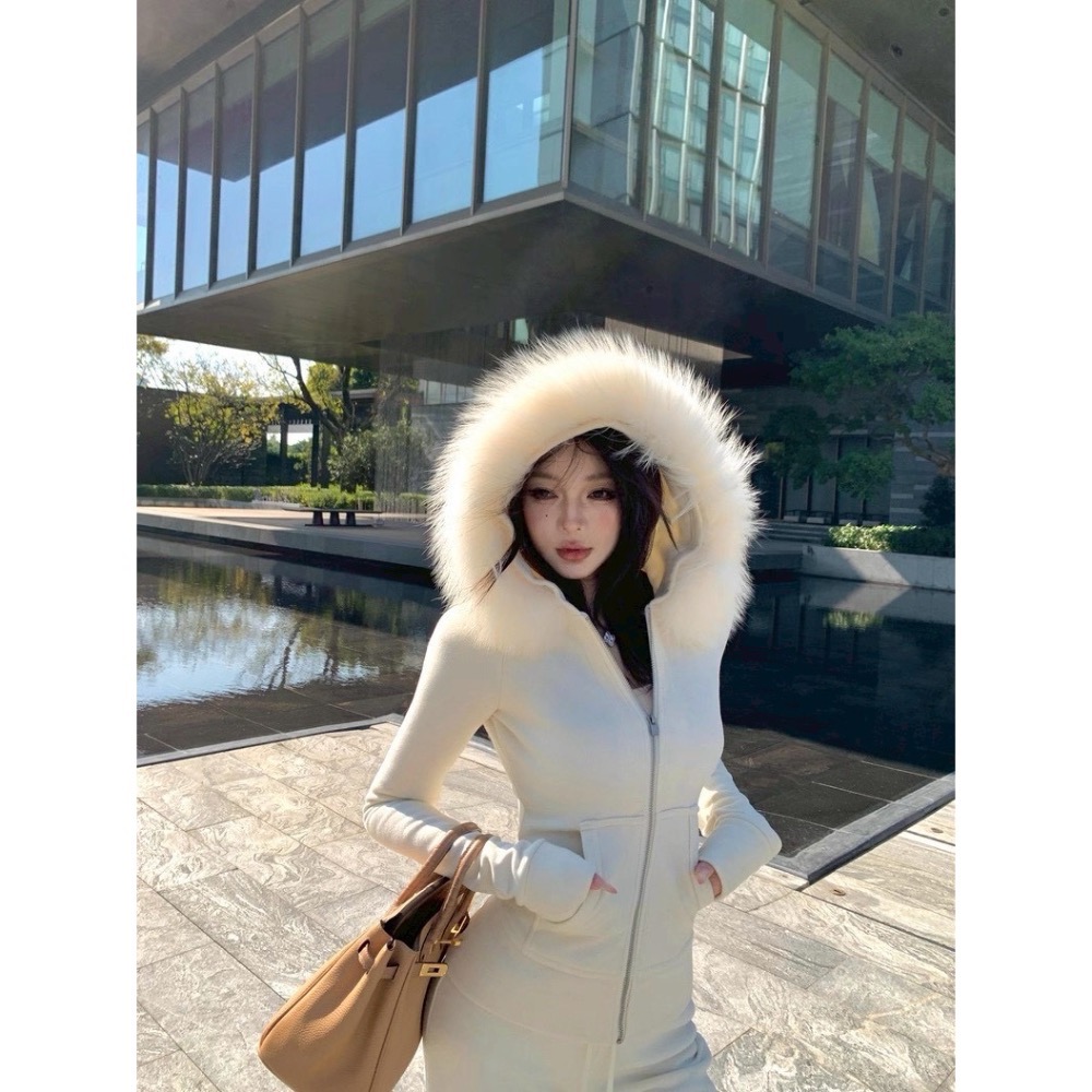 純慾天花板🤍精緻毛領拉鍊套裝-細節圖4