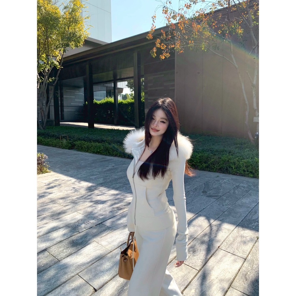 純慾天花板🤍精緻毛領拉鍊套裝-細節圖5