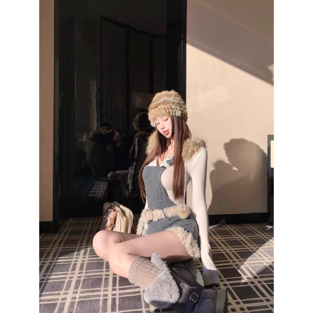 獨家針織牛仔感💙 連帽上衣x牛仔毛邊吊帶套裝-細節圖5