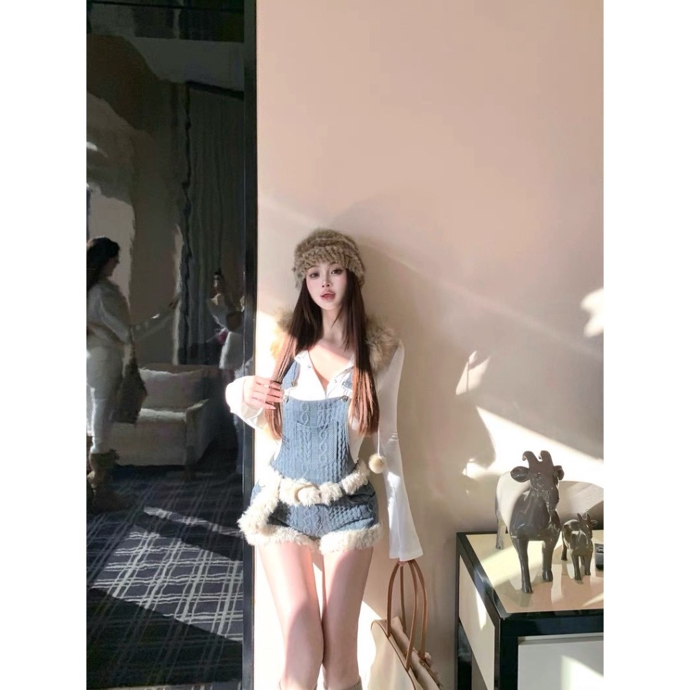 獨家針織牛仔感💙 連帽上衣x牛仔毛邊吊帶套裝-細節圖6